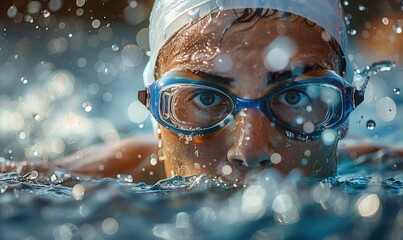 Sticker - A shot of an swimmer's face wearing goggles in the water