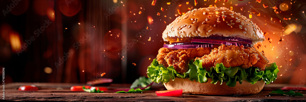 fresh crispy fried chicken burger sandwich with flying ingredients and ...