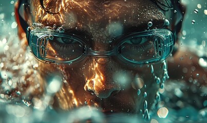 Poster - A shot of an swimmer's face wearing goggles in the water