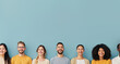 © Fxquadro - Eight diverse individuals lined up with big smiles against a light turquoise background