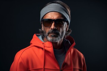 Sticker - Portrait of a stylish middle-aged man with a beard, wearing sunglasses, a headband and a red jacket