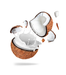 Wall Mural - Coconut broken in the air in two halves with milk splashes isolated on white background