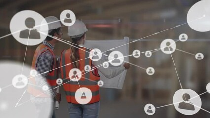Wall Mural - animation of network of connections with icons over diverse workers in warehouse