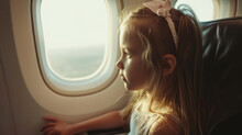 A curious little girl gazes out of the window of an airplane, her eyes filled with wonder and excitement as she observes the world below from high above the clouds.
