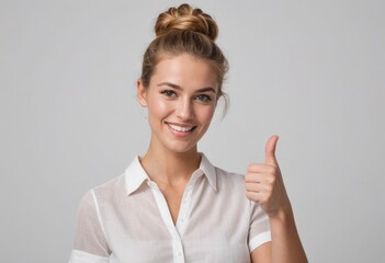 Wall Mural - A happy young woman giving a thumbs up. Her casual shirt and updo hairstyle reflect a relaxed, positive attitude.