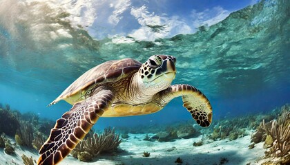 Wall Mural - Green Sea Turtle swimming in Caribbean