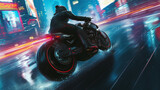 Fototapeta Panele - Action shot with man riding a bike in futuristic cyberpunk city. Dynamic scene with motorcycle ride in action movie blockbuster style.