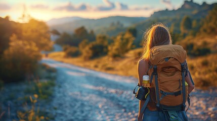 A young woman with a backpack is hiking in the mountains at sunset. generative ai art