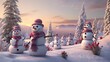 A group of  snowmen stands in the meadow, each uniquely designed and adorned with whimsical features, adding a touch of playful charm to the winter vista. 