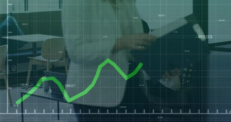 Sticker - Animation of financial data processing over diverse colleagues discussing work in office