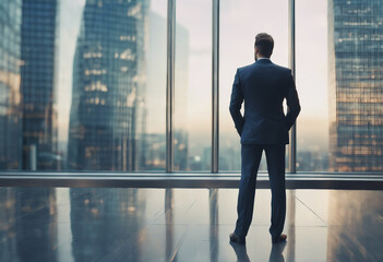 Back of businessman in suit with business office glass modern buildings background for economic mark