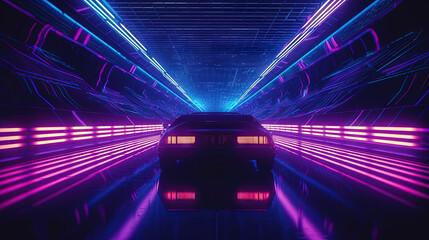 Wall Mural - car ride on the neon road in 80s retro synthwave style.