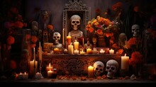 Traditional Mexican Home Altar Decorated With Human Skulls, Burning Candles, Bread And Marigolds Flowers, Day Of The Dead.