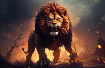 Wall Mural - Fantasy Illustration of a angry lion
