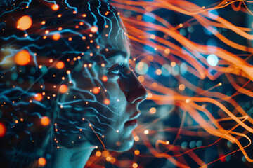 Wall Mural - a woman 's face is surrounded by glowing lines and dots