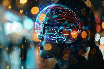 Wall Mural - a woman wearing a virtual reality headset with a brain projected on her face