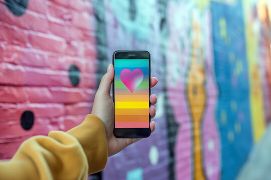 A non-binary persons hand using a smartphone in front of a vibrant colored wall.