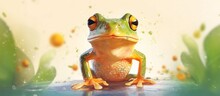 Vector Illustration Watercolor Cartoon Front View Of Cute Big Eyes Green Frog In Standing Style On White Background