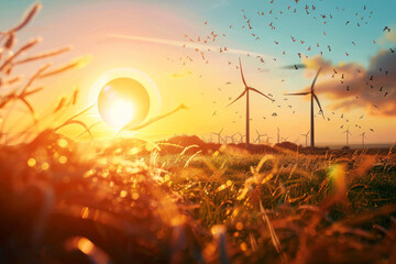 Sticker - Wind turbines in a field at sunset with birds flying around them