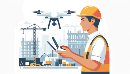 A young operator with a hard hat remotely controlling a drone at a construction site vector illustration