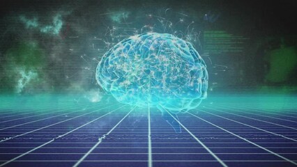 Animation of glowing light trails with spinning human brain on dark background