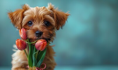 Wall Mural - Cute little puppy dog with tulip flower in mouth on light blue background for Valentine's day or Mother's day or birthday card.