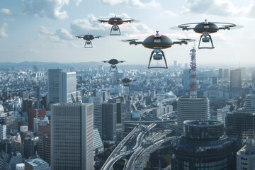 Poster - A group of drones are flying over a city