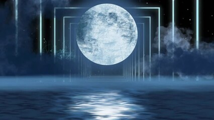Wall Mural - animation of full moon and reflection in water over white neon arches on night sky