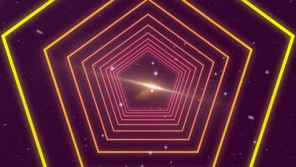 Canvas Print - Animation of concentric yellow and orange hexagon tunnel over lights and night sky