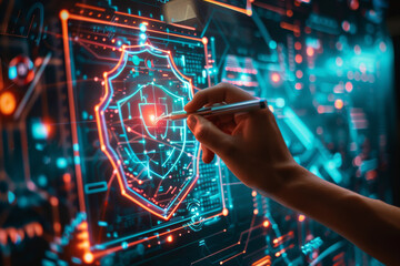 Wall Mural - a hand is pointing at a shield on a computer screen