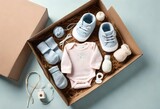 Fototapeta Uliczki - Baby gift box have shoes , socks, clothes and feeder.