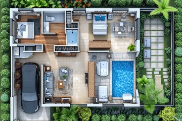 modern and sleek floor plan of a minimalist house seen from above, emphasizing simplicity and functi