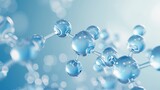 close up selective focused of a water molecule in liquid blue background. The circle of H2O, a chemical compound, represents the fluid and moist nature of this transparent material