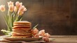 A plate of pancakes topped with flowers sits on a wooden table. The dishware is beautifully arranged, creating a picturesque scene perfect for a relaxing brunch