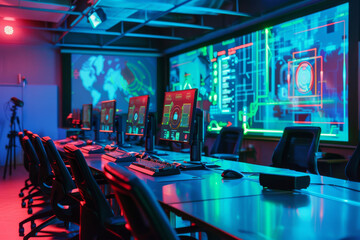 Poster - A row of computer monitors are lined up in a dark room