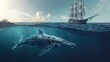 A huge whale is swimming underwater next to the ship
