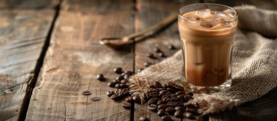 Canvas Print - A glass of iced coffee sits atop a wooden table, showcasing a refreshing beverage ready to be enjoyed on a warm day. The cool condensation on the glass hints at the chilled drink inside.