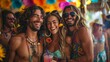 A group of friends in a VIP burning man area having fun celebrationg with drinks featuring splashes of bright colors with decor style of modern bohemian 