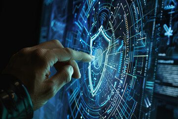 Wall Mural - a person 's finger is pointing at a shield with a fingerprint on it