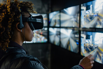 Wall Mural - A woman wearing an oculus virtual reality headset