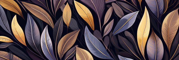 Wall Mural - Elegant golden and purple leaf banner on black background. Panoramic web header. Wide screen wallpaper