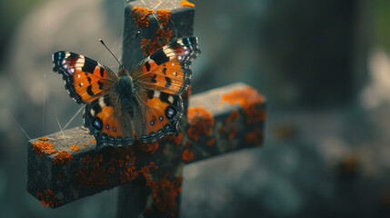 A butterfly alighting on the arm of a cross, its transformation from caterpillar to butterfly a metaphor for resurrection