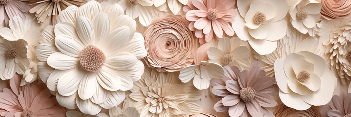 Wall Mural - Elegant paper floral background banner in neutral tones. Panoramic web header. Wide screen wallpaper