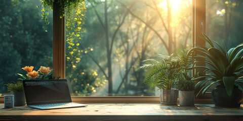 A modern workspace with a wooden desk by the window, adorned with a laptop and green plant.