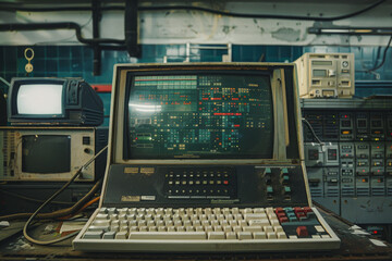 Wall Mural - A very old computer with a keyboard and a monitor