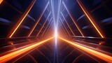 Fototapeta Przestrzenne - 3D rendering of a futuristic tunnel with glowing orange and blue neon lights. The tunnel is made of dark metal and has a triangular cross-section.