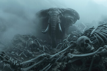 
Look up, A ferocious and strong elephant stands on a pile of skeletons