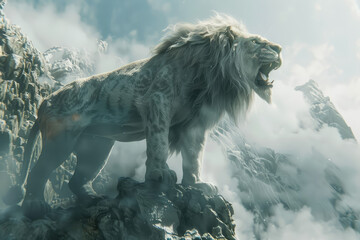 Wall Mural - 
Looking up, a huge gray-white lion stands on the edge of the cliff
