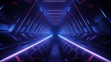 Fototapeta Przestrzenne - 3D rendering of a dark futuristic tunnel with glowing neon lights.