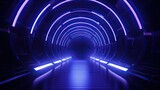 Fototapeta Przestrzenne - 3D rendering of a futuristic tunnel with glowing blue neon lights. The tunnel is made of dark metal and has a shiny reflective floor.